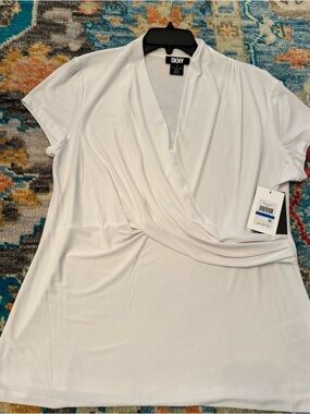 NWT DKNY White Draped Surplice Short Sleeve Blouse